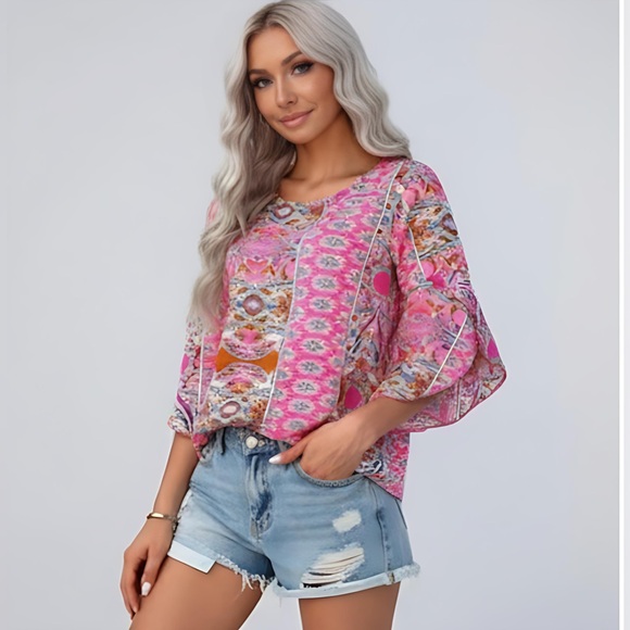 Boho Pink Floral Print Sleeve Blouse - Picture 2 of 5